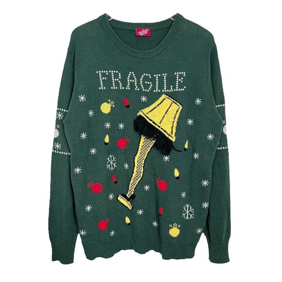 Christmas Story Leg Lamp Fragile Light Up Ugly Sweater Crewneck Green Adult Lg - Picture 1 of 8